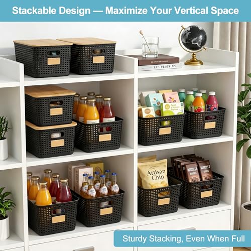 Bagnizer 2 Pack Tall Plastic Storage Bins with Bamboo Lids, 10.8qt Stackable Storages Baskets for Organizing Desktop Closet Playroom Classroom Office, 12"L x 8.3"W x 6.1"H, Black - color: Black, size: Tall- 2 Pack