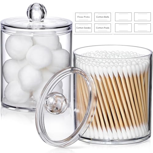 2 Pack Acrylic Qtip Holder Dispenser for Cotton Swabs, Balls, Pads, Floss Picks- Small Clear Plastic Canister Apothecary Jar Set, Bathroom Essentials Accessories Decor, Vanity Makeup Storage Organizer - color: Clear, size: 2 Pack