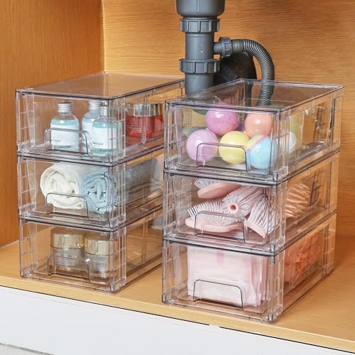 Vtopmart 8 Pack Stackable Storage Drawers,Clear Acrylic Drawer Organizers with Handles, Easily Assemble Containers for Fridge, Bathroom,Kitchen Undersink,Cabinet,Pantry Organization and Storage - size: 8Pack 4.4"H-with Dividers