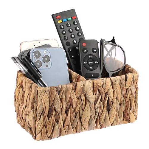 BTSKY Handwoven Remote Control Holder for Table, Natural Water Hyacinth Remote Organizer Caddy Small Wicker Storage Basket, 2-Compartment Office Supplies Desk Organizer Rustic Makeup Brushes Holder - size: 2-Slot