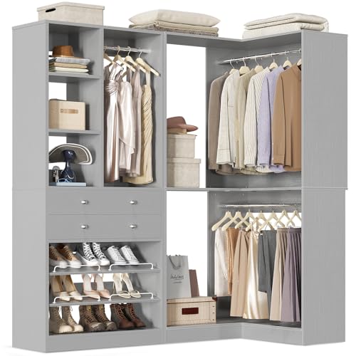 Besiost Closet System with 2 Drawers, 3 Hanging Rods, 59.5" * 31.5" Closet Organizer System with Corner Tower, Reversible L Shaped Walk-in Closet System, Corner Closet System Set of 2, Morandi Grey - color: Morandi Grey, size: 59.5" * 31.5"