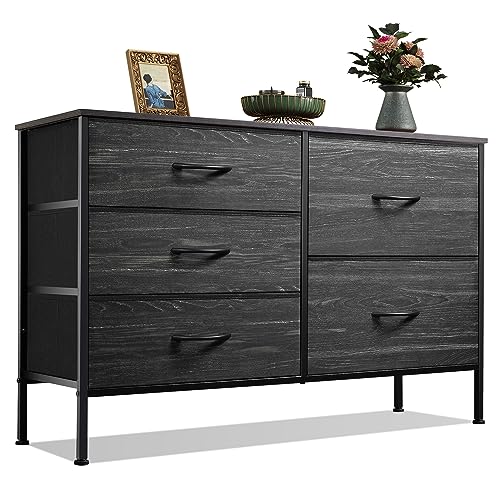 WLIVE Dresser for Bedroom with 5 Drawers, Wide Dressers with Drawer Organizers, Chest of Drawers, Fabric Dresser for Living Room, Closet, Hallway, Charcoal Black Wood Grain Print - color: Charcoal Black Wood Grain Print