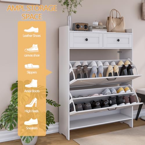 Viaozutis Shoe Cabinet with 2 Flip Drawers & 2 Storage Drawers, Space-Saving Shoe Storage Cabinet with Adjustable Shelf for Entryway or Hallway, Farmhouse Shoe Organizer Holds Up to 20 Pairs White