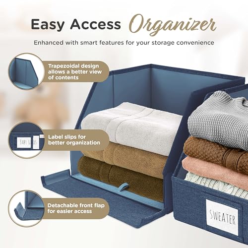 VIVIDECOR Open Front Trapezoid Storage Bins 12x12x10 – Easy Access Closet Shelf Organizer for Clothes, Towels, Fabric Baskets – Navy Blue, 3 Pack - color: Navy Blue