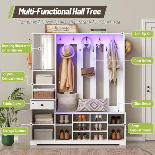 Hall Tree with Bench and Shoe Storage, 59.1" Farmhouse Entryway Bench with Coat Rack and Fabric Drawer, 11 Coat Hooks and 10 Shoe Cubbies, LED Lights, Rotating Mirror with Shelves, White
