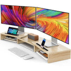 AMERIERGO Dual Monitor Stand Riser- 3 Shelf Screen Stand with Adjustable Length and Angle, 2 Extra Functional Slot Desktop Organizer Stand for PC, Computer, Laptop (Light Wood) - color: Light Wood