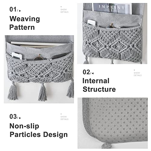 Mkono Macrame Couch Organizer Remote Control Caddy Sofa Armrest Armchair Bedside Storage Holder Bag for TV Remote, Magazine, Books, Cell Phone, iPad, Boho Living Room Home Dorm Decor, Grey - color: Grey, size: Medium