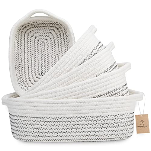 NaturalCozy 5-Piece Rectangle Storage Basket Set- Natural Cotton Rope Woven Baskets for Organizing! Small Basket for Montessori, Baby Nursery, Dog Toy Baskets, Cat Toy Box, Bathroom Organization Bin - color: Black Stitching