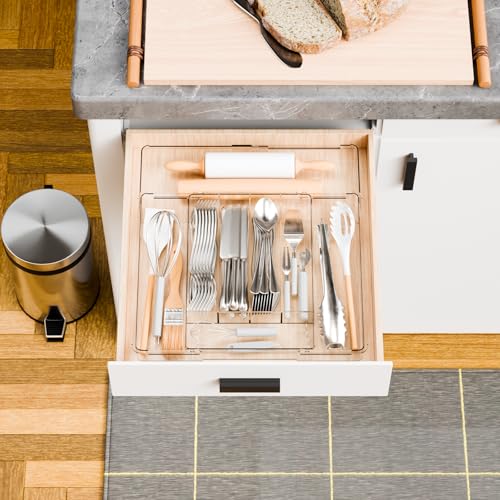 Yieach Acrylic Clear Expandable Kitchen Utensil Drawer Organizer and Silverware Organizer,BPA FREE Adjustable Silverware Tray for Drawer Cutlery,Spatula,Tools,Flatware Organizers,Fork and Spoon Holder - size: 9.4Wx12.6Lx2H Inch