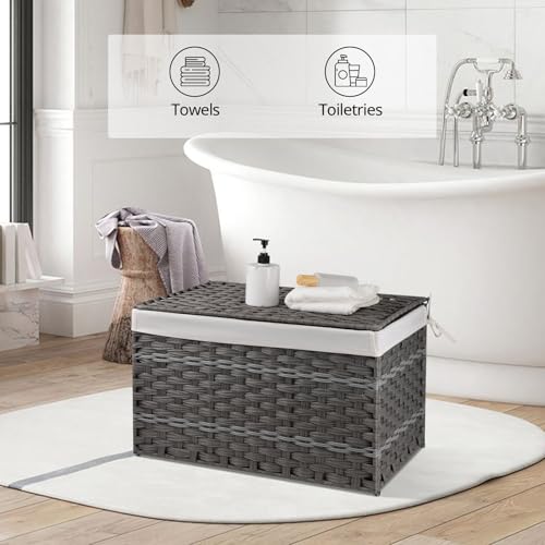 OIAHOMY Storage Basket with Lid, 27.7 Gallon (105L) Blanket Basket with Removable Liner Bag, Synthetic Wicker Hamper with Handle, Hamper for Living Room, Grey - color: Grey, size: 105L