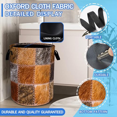 Faux Cowhide Patchwork Pattern Laundry Basket Oxford Cloth Funny Texture Laundry Hamper With Handle Foldable Portable Clothes Storage Basket 18.9 X 16.5 Storage Bag For Laundry Room/Bathroom/Bedroom - color: Faux Cowhide Patchwork Pattern