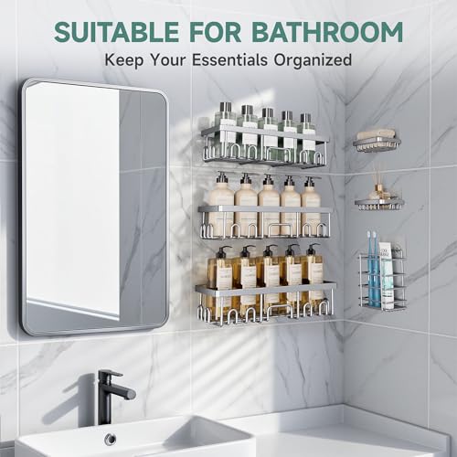 Veken Shower Caddy 6-Pack, No Drilling & Rustproof, Waterproof Adhesive Shelves Rack with Soap Holder, Large Capacity Bathroom Organizers and Storage, Wall-Mounted Kitchen & Home Decor, Silver Gray - color: M. Silver Gray