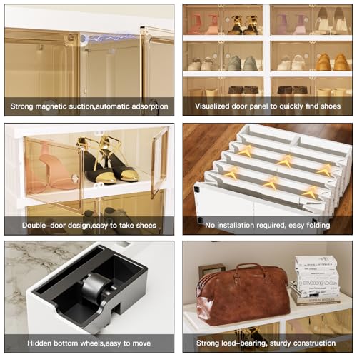 6-Tier Portable Shoe Rack Organizer for Closet, 24 Pairs Shoe Container Bins, Clear Plastic Collapsible Shoes Storage Box, Stackable Sneaker Storage Shoe Cabinet with Door - size: 6 Tiers - 24 Pairs