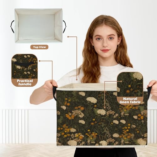Vintage Rustic Floral Storage Box Bins, Dark Cottagecore Wildflower Collapsible Storage Basket Organizer for Bedroom Laundry Room Home Clothes Toys Books, Toybox for Girls - color: Floral E