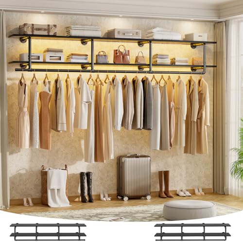 Aheaplus Industrial Pipe Clothes Rack with Top Shelf, 73In Space-Saving Wall Mounted Clothing Rack, 2 Tiers Heavy Duty Pipe Clothing Shelves with Hanging Rod for Laundry Room, Closet Storage, Black - color: Black, size: 73IN