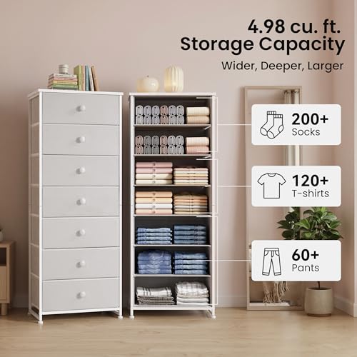 Crestlive Products Tall Dresser, 7-Drawer Fabric Storage Tower, Chests of Drawers - Vertical Organizer Unit for Bedroom, Hallway, Entryway, Nursery, Closets - Steel Frame, Wood Top & Handles (White) - color: White, style: Narrow-7 Drawers