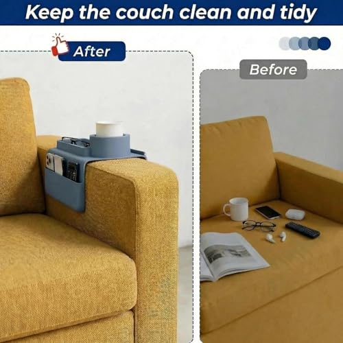 Silicone Couch Cup Holder Tray, 3-Side Sofa Armrest Organizer with Secure Gear-Shaped Locking Holder & Large Tablet Slot, Non-Slip Weighted Armchair Caddy, Couch Accessories (Grey) - color: Grey
