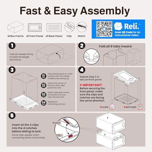 Reli. Shoe Boxes (14 Pack) | Clear Shoe Storage Boxes Stackable and Compact | Lightweight Plastic Storage Box with Ventilation Holes, Swing Door | Interlocking Containers, Stackable Rack | White