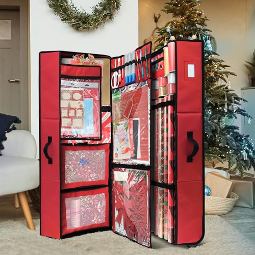 Hearth & Harbor Wrapping Paper Storage Container with Ribbon Dispenser and Interior Pockets - Large Christmas Storage Containers with Wheels, Fits 30 Rolls of 40" Length, Red - color: Red, size: Extra Large