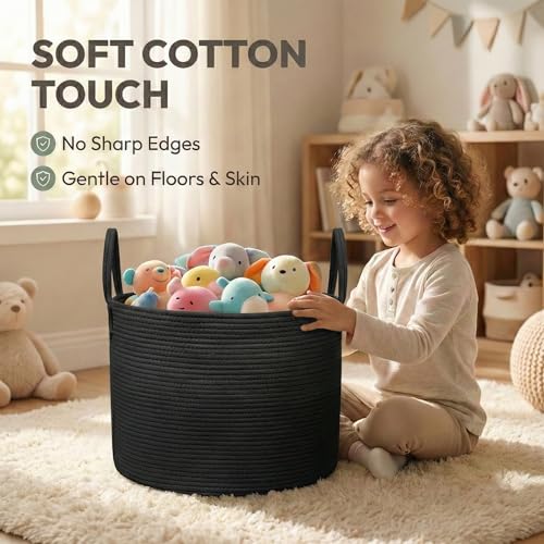 JMvicyroam 115L Extra Large Blanket Basket for Living Room - Woven Cotton Rope Laundry Hamper with Reinforced Handles - Storage Bin for Pillows, Comforters & Toys - Machine Washable,Black - color: Black, size: 115L