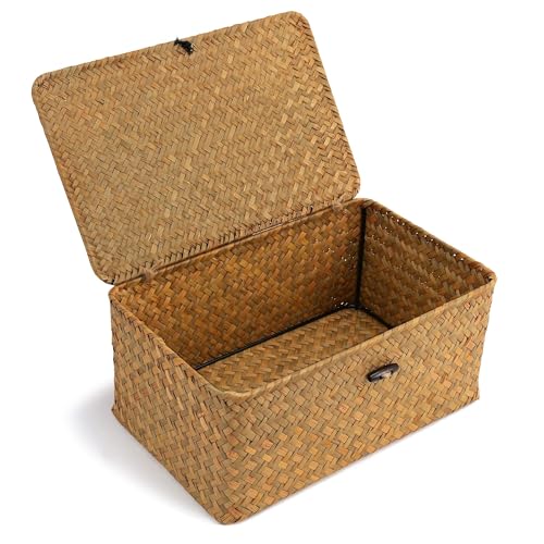 Nonam Small Basket with Lid, Natural Seagrass Bin with Lid, Shelf Baskets Multipurpose Container for Boho Decoration, Rectangular Household Storage Boxes for Home Organization-Natural - color: S-Natural