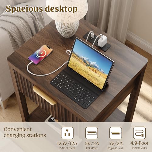 Lulive Night Stand Set 2, Fluted Nightstand with Charging Station, Wood Modern Bedside End Table with Storage Drawer for Bedroom, Save Space (Set of 2, Walnut) - color: Walnut, size: 1 Drawer-Set of 2 Nightstand
