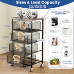 Goovilla Kitchen Cart with Drawers, 4 Tier Metal Rolling Utility Cart Organizer on Lockable Wheels with Wooden Top, Black Fruit Vegetable Storage Rack Also for Cans, Snack, Craft, Art, Office, Beauty - size: Black