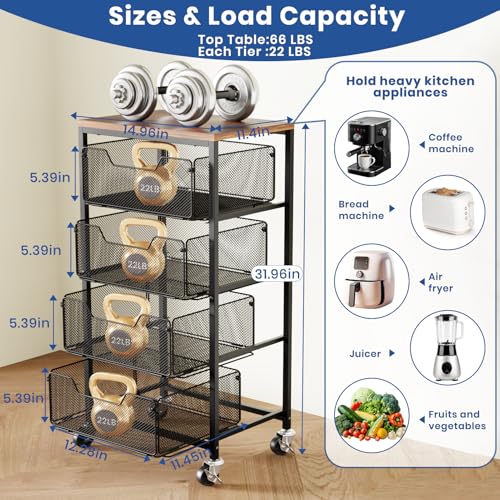 Goovilla Kitchen Cart with Drawers, 4 Tier Metal Rolling Utility Cart Organizer on Lockable Wheels with Wooden Top, Black Fruit Vegetable Storage Rack Also for Cans, Snack, Craft, Art, Office, Beauty - size: Black