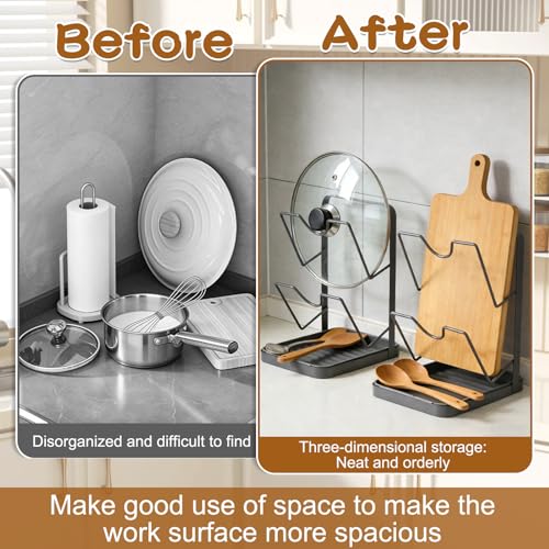 Kitchen Pot Lid Storage Rack, Double-Layer Pot Lid Organizer with Removable Drip Tray,Pot Lid Holder While Cooking,Space-Saving kitchen Countertop Organizer Storage for Pots Pans & Cutting Boards - color: White