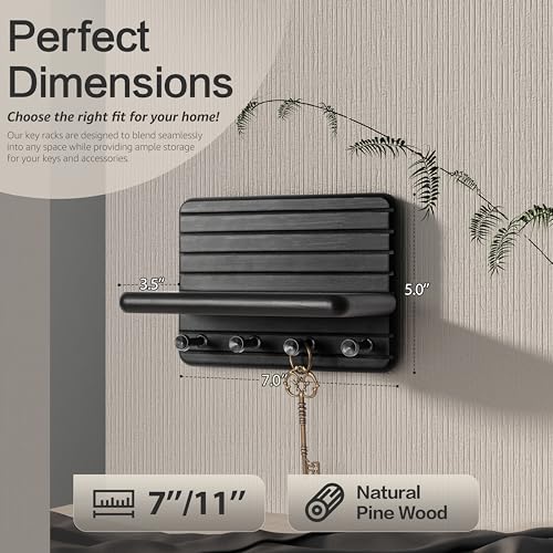 Rebee Vision Small Key Holder Wall Mount for Home Decor – Modern 7-inch Key Rack for Wall with 4 Sturdy Hooks & Mini Floating Shelf - Ideal Home Organization Solution for Small Space (Black) - color: Black, size: Small-7inch