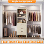 Homieasy 96 Inches Closet Organizer System, 8FT Customizable Walk In Closet Organizer with Hanging Rods, 3 Leather Handle Drawers Garment Rack, 96" L x 16" W x 75" H, Max Load 1000 LBS, White Oak - color: White Oak