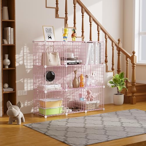 C&AHOME Wire Cube Storage, 9 - Cube Organizer Metal C Grids, Modular Shelves Units, Closet Organizer, Ideal for Home, Office, Living Room, 36.6”L x 12.4”W x 48.4”H, Pink UWCS3009P - color: Pink, size: 9 Cube