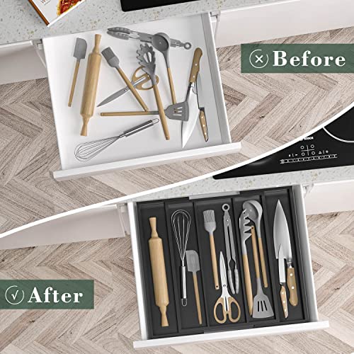 Kitchen Utensil Organizer Silverware Tray - Bamboo Flatware Organizer Expandable 5 Slots Multipurpose Silverware Organizer for Office Storage Garage Organization W13.7"-19.9" x L17.6" X H2.5" (Black) - color: Black