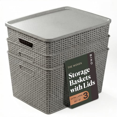 BINO | Plastic Storage Baskets with Lids, 33 Liter - 3 Pack, Natural Grey | THE WOVEN COLLECTION | Storage Basket for Shelves | Woven Storage Baskets for Organizing Bins | Pantry Shelf Organizer Bin - color: Natural Grey, size: 33L | 3-Pack