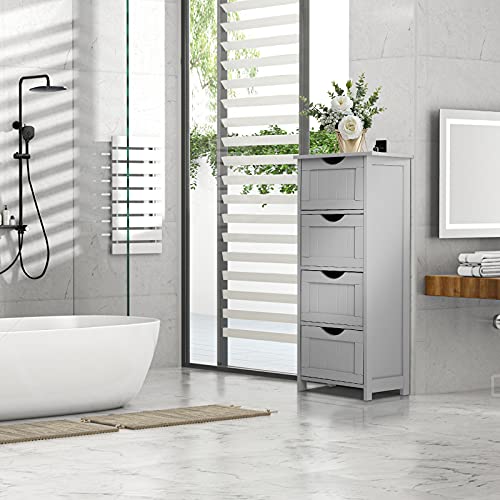 Bonnlo Skinny Bathroom Floor Storage Cabinet, 12 Inch Wide Deep Small Storage Organizer with 4 Drawers, Wooden Modern Grey Thin Free Standing Tower Cabinet w/ 4 Cute Drawers for Bathroom, Living Room - color: Grey
