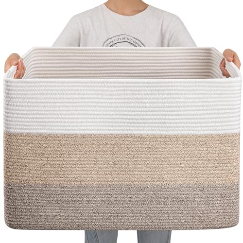 OIAHOMY 108L Super Large Blanket Basket, 25”x16”x16”(108L) Rectangle Woven Baskets for Storage, Cotton Rope Basket For Living Room, Toy Storage with Handle- Gradient Brown - color: Gradient Brown