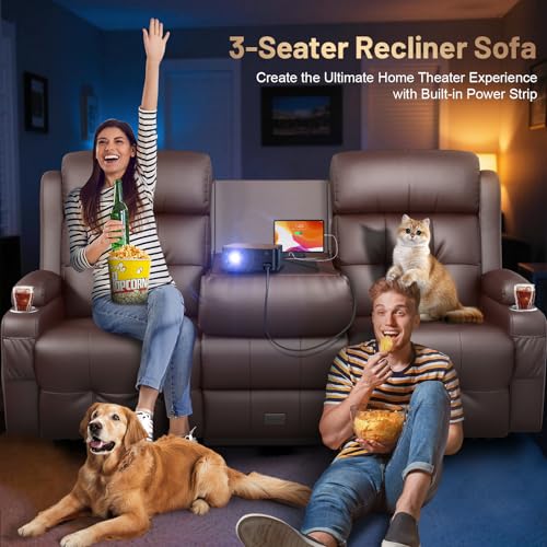 3-Seater Reclining Sofa Couch, RV Wall Hugger Loveseat with Flip-Down Console, LED Lights, Built-in Power Strip, Massage, Cup Holders & Storage Drawer, 150° Home Theater Seating for RV & Living Room - color: Brown, size: 3-Seater with Flip Back