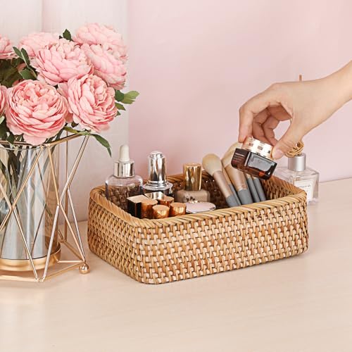 BTSKY Small Remote Basket for Coffee Table Entryway Living Room Rattan Serving Tray 9.6'' x 6.5'' Handwoven Wicker Baskets Decorative Tray for Wallet Remote Control Trinkets Rings Cosmetics Crackers - size: 9.6'' X 6.5'' X 3.1''