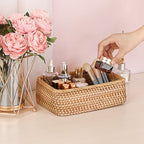BTSKY Small Remote Basket for Coffee Table Entryway Living Room Rattan Serving Tray 9.6'' x 6.5'' Handwoven Wicker Baskets Decorative Tray for Wallet Remote Control Trinkets Rings Cosmetics Crackers - size: 9.6'' X 6.5'' X 3.1''