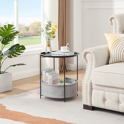 VECELO Round Side/End Table with Fabric Storage Basket，Metal Anti-Rust and Waterproof Small Bedside Nightstand with Removable Tray Top for Living Room，Balcony & Laundry，Black /1pcs with Basket - color: Black, size: 1 PCS with Basket