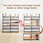 2-Row 6-Tier Stackable Shoe Rack, Black Metal Shoe Shelf with Multifunctional Hooks, Hold 24-30 Pairs, Space Saving Shoes Organizer for Closet,Show Rack - size: 2 Row 6 Tier