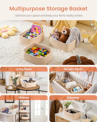 Small Woven Basket, 13.5 x 9.5 x 5 Inches, Storage Basket for Organizing, Cute Small Rope Shelf Closet Cube Storage Bins Baskets for Shelves, Dog Toy Gift Baskets Empty, 3 Packs, Beige - color: Beige, size: 13.5"L x 9.5"W x 5"H