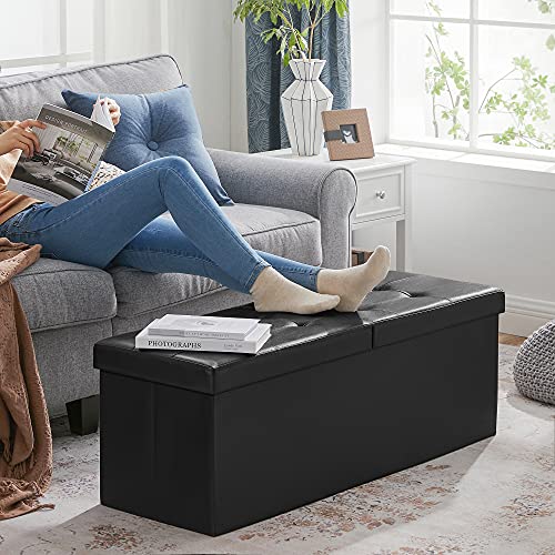 SONGMICS MAZIE Collection - 43 Inches Storage Ottoman Bench with Flipping Lid, Storage Chest with Iron Frame Support, Load 660 lb, for Living Room, Bedroom, Synthetic Leather, Black ULSF75BK - color: Black, size: 15"D x 43"W x 15"H