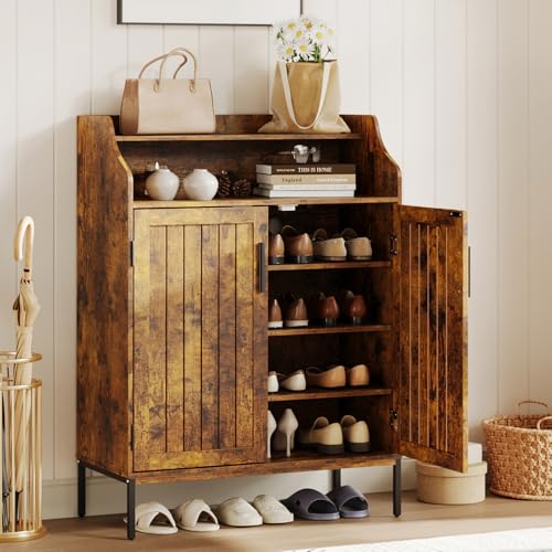 Patikuin Shoe Storage Cabinet for Entryway, 5-Tier Brown Shoes Cabinet w/Doors and 3 Adjustable Shelves, 41" Tall Wood Shoe Rack for Closet, Modern Shoes Organizer for Entryway, Hallway, Living Room - color: Brown