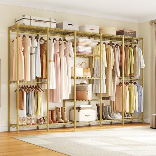 ONBRILL F5 Extra Large Industrial Pipe Clothing Rack, Freestanding Portable Closet Organizer System with Shelves & Hanging Rods, 88.6'' Wide Heavt Duty Clothes Rack, Max Load 1300lbs, Gold - color: Gold