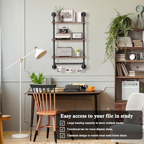 Merapi 24" Industrial Floating Shelves with Tower Bar, Pipe Shelves for Wall, 3 Tier Rustic Wood Wall Shelves for Home Décor, Bedroom, Living Room, Bathroom - style: 3 Tier with Tower Bar
