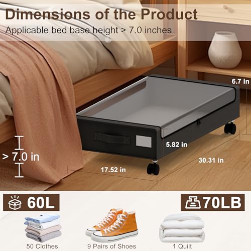 Under Bed Storage with Wheels - 2Pack 60L Underbed Storage Containers with Clear Lid & Label, Rolling Under Bed Storage Bins for Clothes, Shoes, Blankets (XL,Black) - color: Black, size: Large