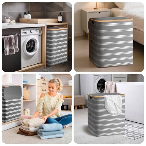 BALEINE Laundry Hamper with Lid, Tall Laundry Baskets with Bamboo Pull Handles, Large Laundry Bin with Internal Support (18 Gal/70L, Grey Pinstripe) - color: Grey Pinstripe, size: 70 liters