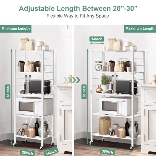 Himix 5 Tier Foldable Storage Shelves, Expandable Folding Pantry Shelf with Wheels, Changeable into 2 Shelf Units, Collapsible Storage Rack Metal Shelves for Kitchen, Room, Garage, White - color: White, size: 5-Tier
