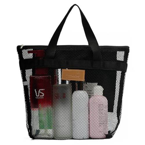 TOPASION Mesh Shower Caddy Bag Portable Hanging Toiletry and Bath Organizer with Zipper for Travel, Gym, Camping, College Dorms, Beach - color: Black